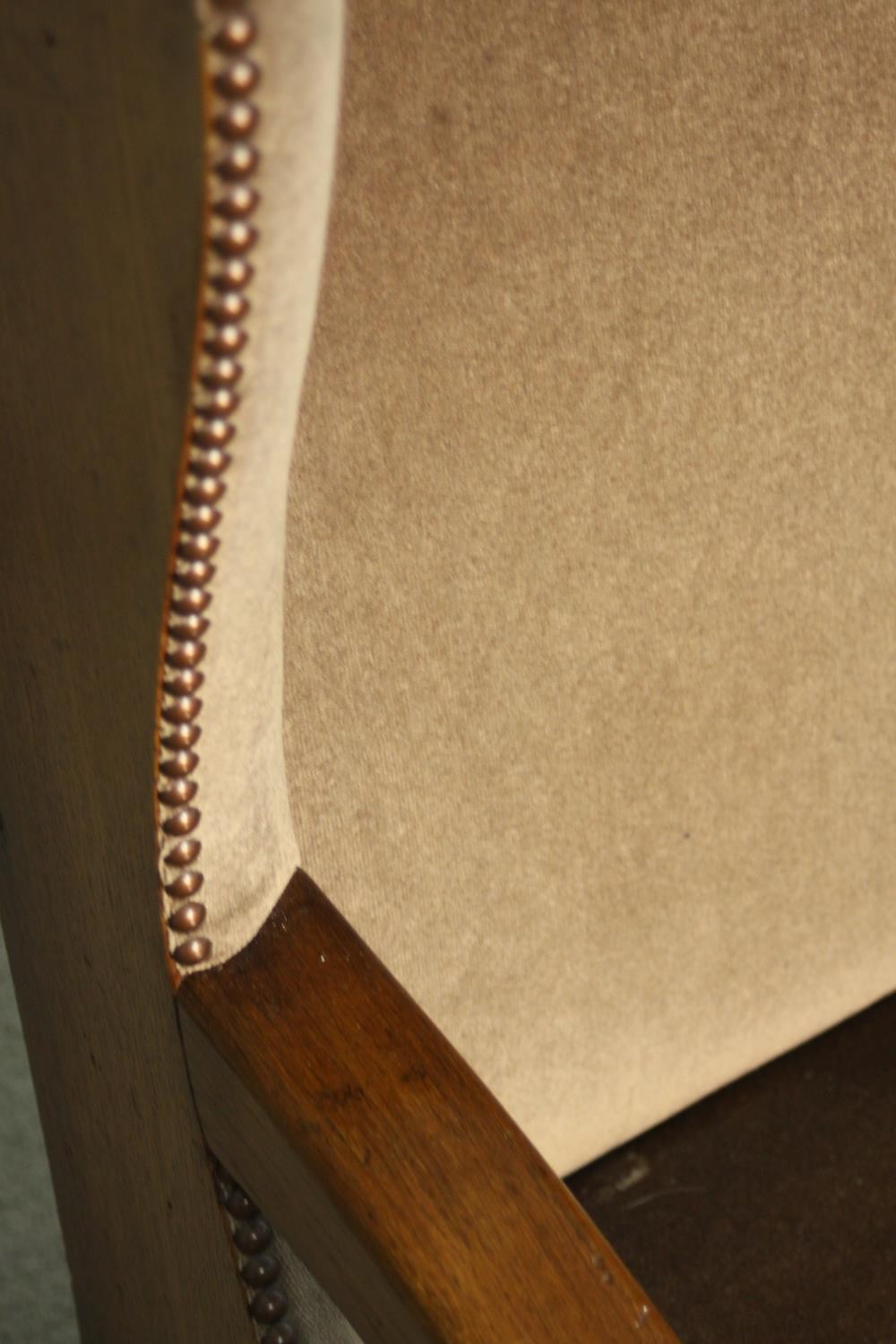 An oak wainscot style wingback armchair, upholstered in brown velour with studded detail, with - Image 7 of 7