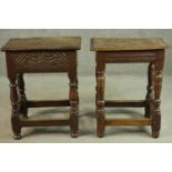 Two 18th century and later oak joint stools, one with a carved frieze, the other with a moulded edge