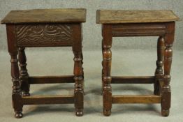 Two 18th century and later oak joint stools, one with a carved frieze, the other with a moulded edge