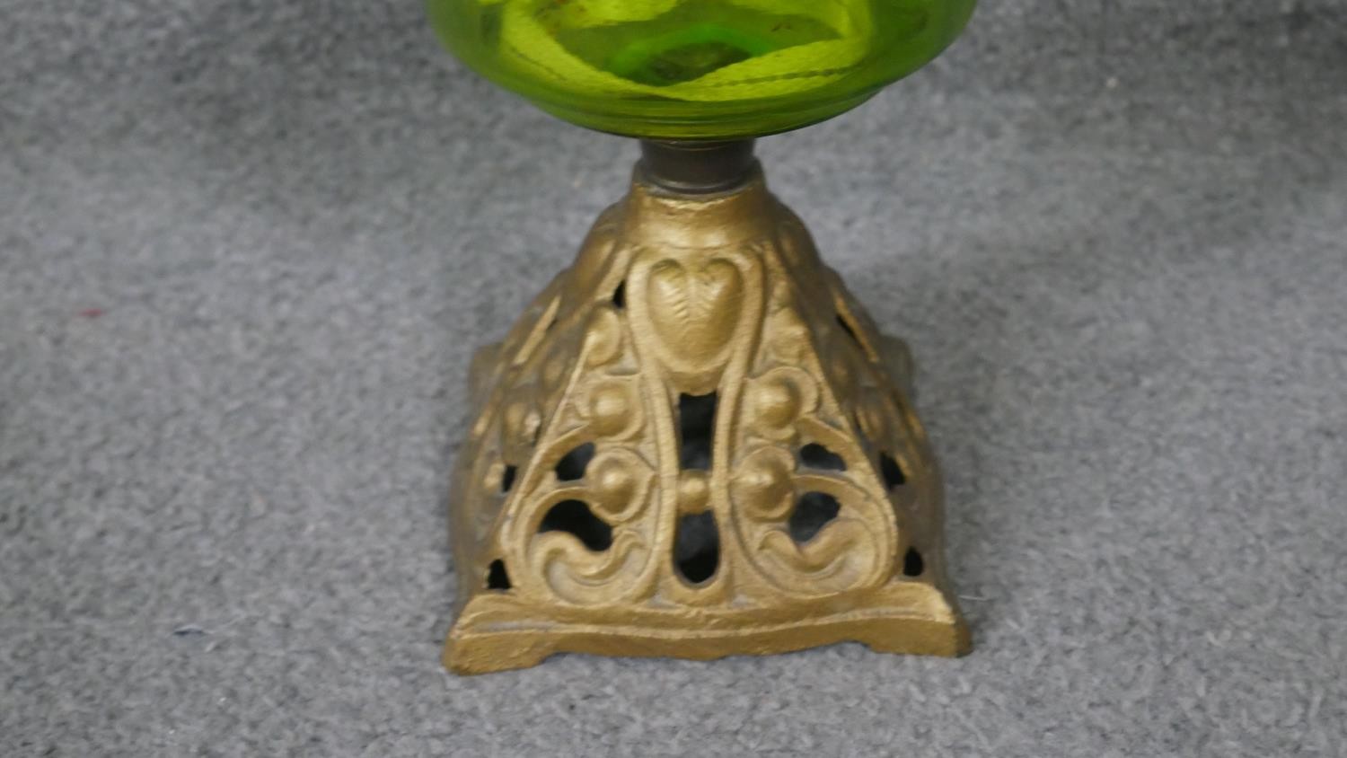 A gold painted brass Art Nouveau style oil lamp with green glass reservoir and glass funnel. H.41 - Image 2 of 4