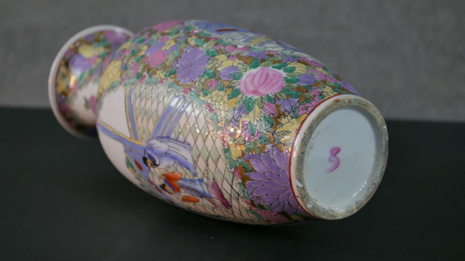 An large early 20th century Chinese Famille Rose hand painted vase, decorated with temple scenes and - Image 9 of 10