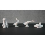 A collection of four Lladro and Nao hand painted porcelain figures. A polar bear and three geese.