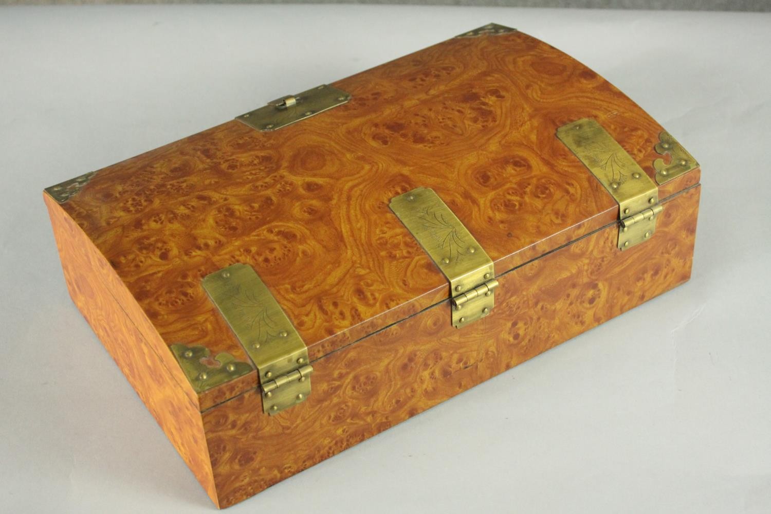 A burr walnut veneer Chinese style jewellery box with brass fittings with padlock (no key), paper - Image 6 of 11