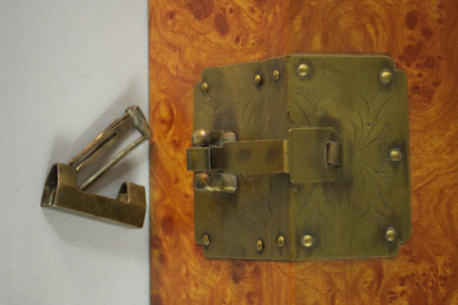 A burr walnut veneer Chinese style jewellery box with brass fittings with padlock (no key), paper - Image 11 of 11