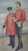 A framed watercolour of two Chelsea pensioners, unsigned. H.34.5 W.28cm