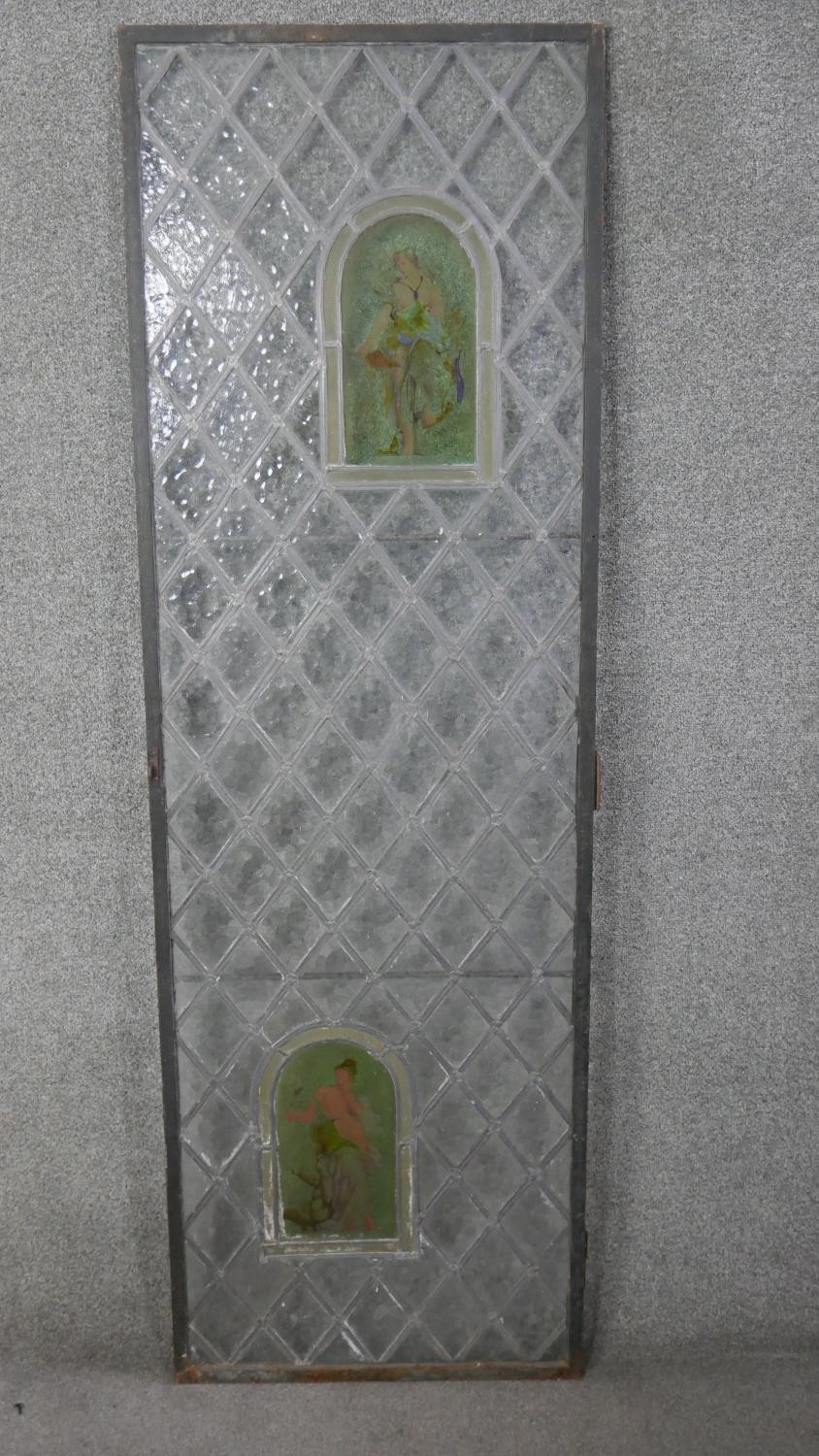 A large early 20th century lead and stained glass door with two painted coloured glass panels with - Image 9 of 11