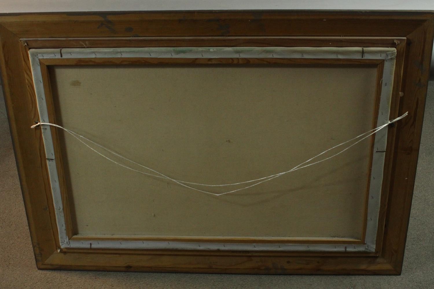 A 20th century gold painted framed oil on canvas, Venetian canal scene. Signed Burnett. H.80 W. - Image 7 of 7