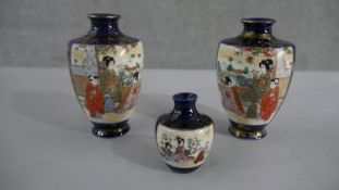 Three Japanese hand painted Satsuma ware vases with geisha girl design, character marks to base. H.