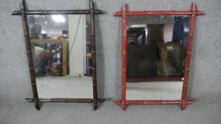 A pair of aesthetic movement faux bamboo wall mirrors, one red lacquered and parcel gilt, the