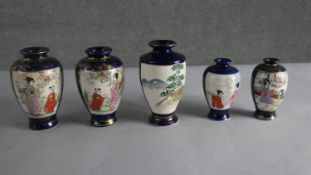 Five small Japanese hand painted Satsuma ware vases, decorated with geisha girls and character marks