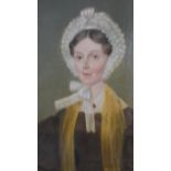 A 19th century gold painted framed oil on board of a lady in a lace bonnet. Unsigned. H.43 W.40cm