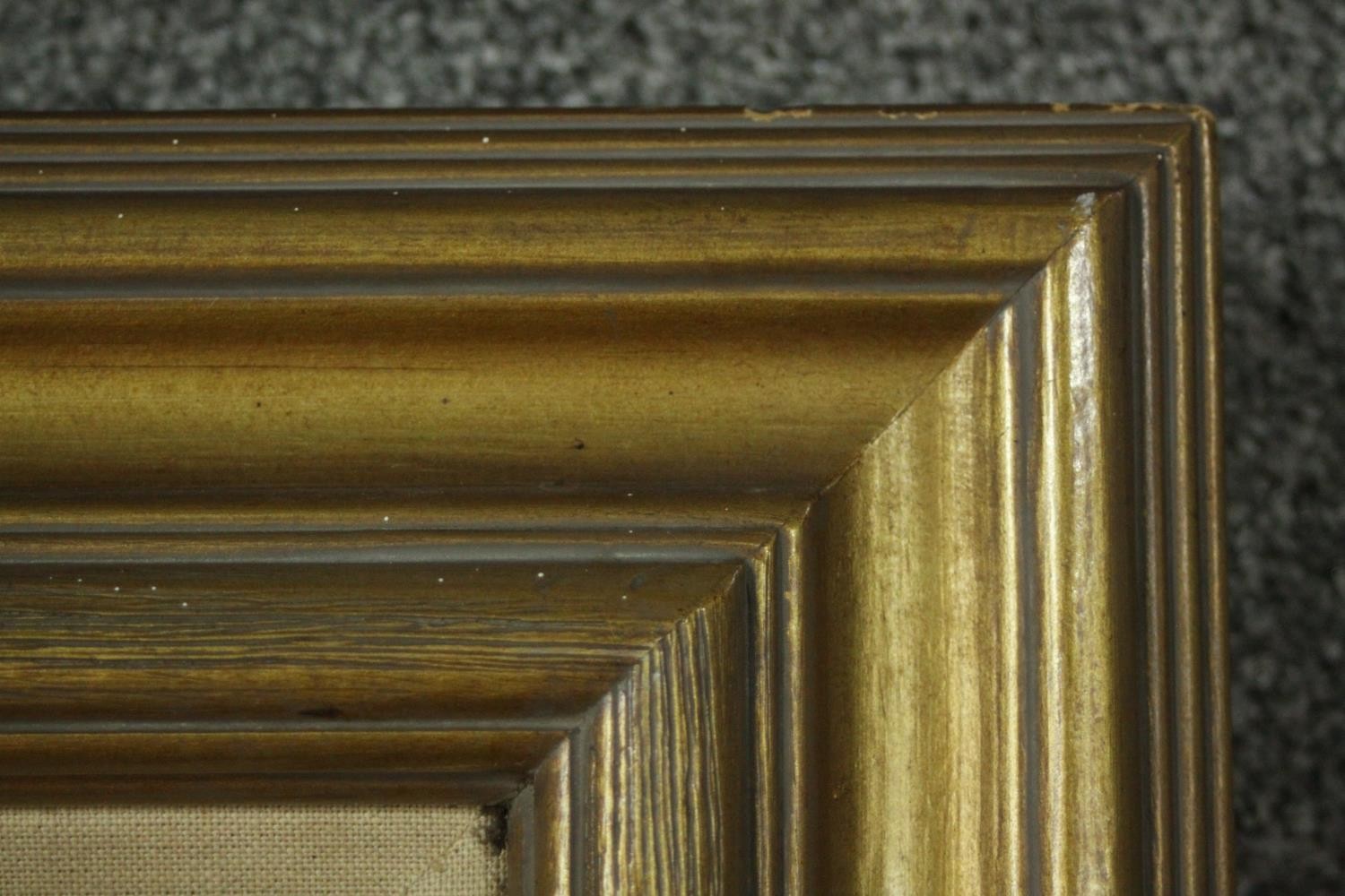 A 20th century gold painted framed oil on canvas, Venetian canal scene. Signed Burnett. H.80 W. - Image 5 of 7