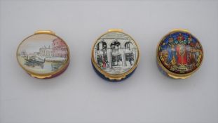 Three hand painted enamelled trinket boxes. One by Halcyon Days, Crummles and Kingsley enamels. Each