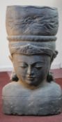 A very large 20th century Balinese Goddess carved stone head planter. H.92 W.48cm.