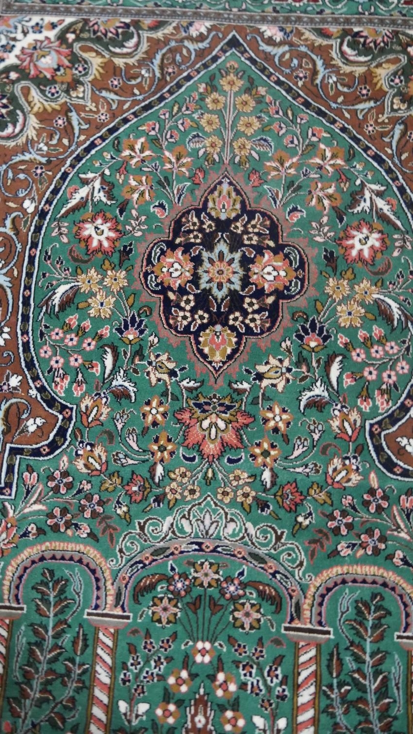 A green ground fine handmade part silk Persian Kum rug. L.207 W.136cm - Image 2 of 4