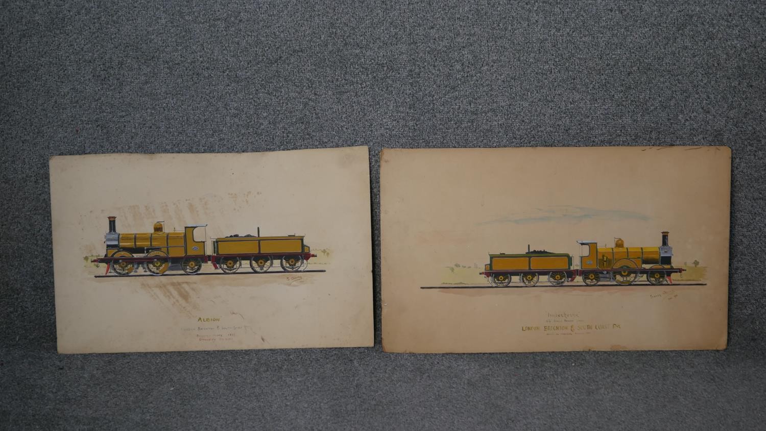 Two unframed watercolours of steam locomotives, inscribed and indistinctly signed and dated. H.33