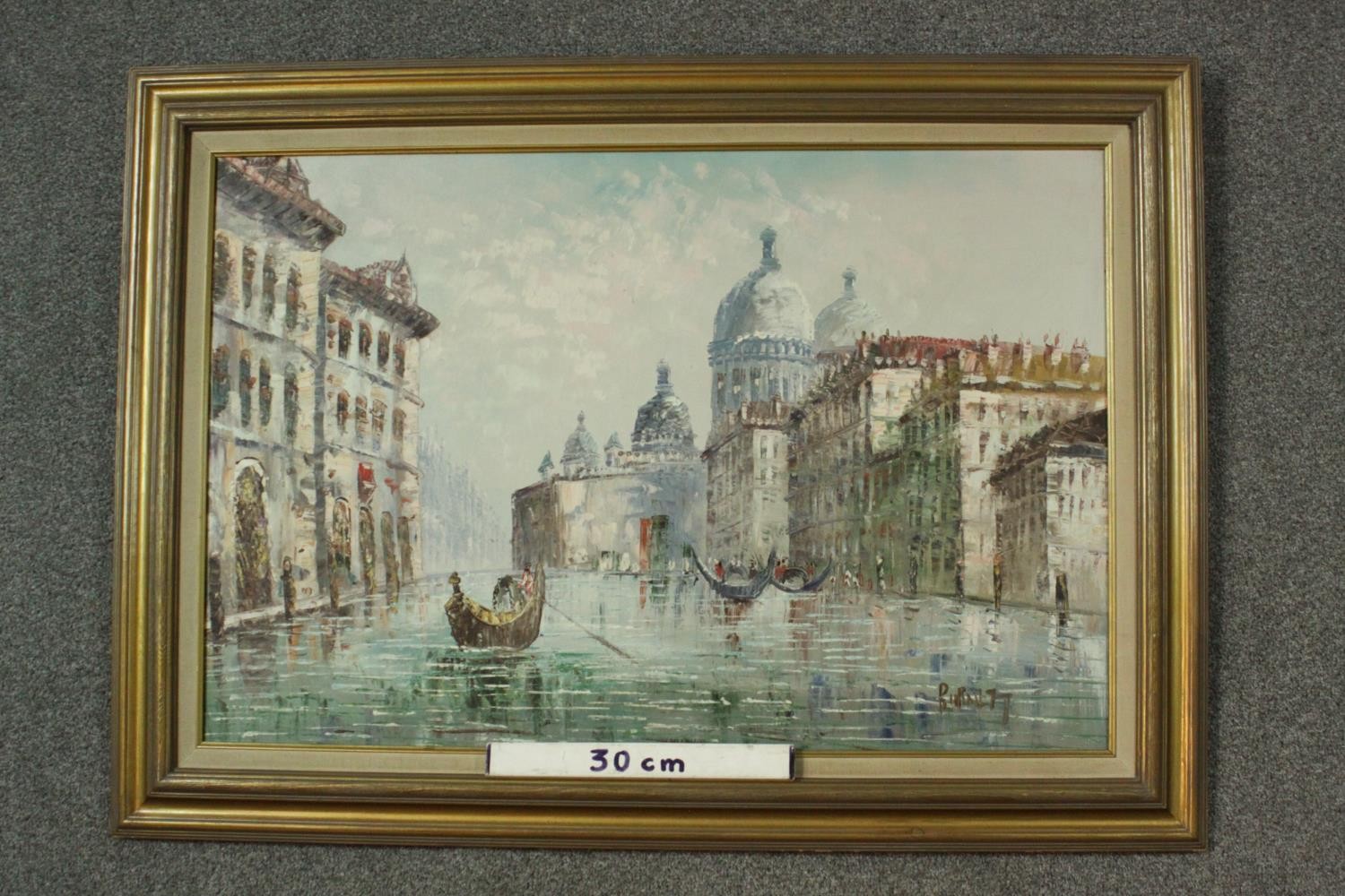 A 20th century gold painted framed oil on canvas, Venetian canal scene. Signed Burnett. H.80 W. - Image 3 of 7