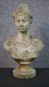A concrete bust of a young female with her hair up on a pedestal base. (head repaired) H.35 W.20cm