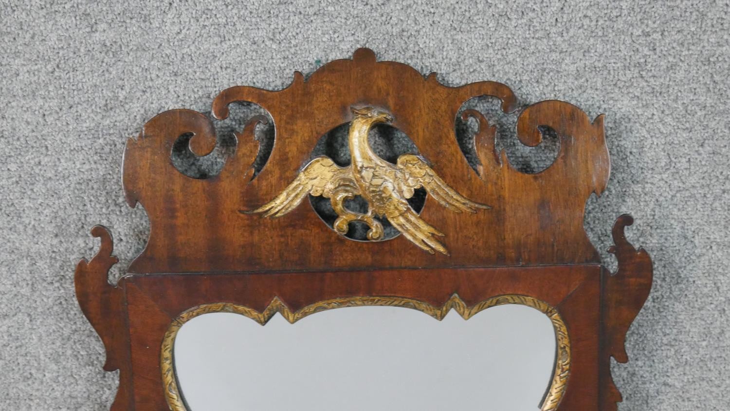 A George III mahogany fretwork mirror, parcel gilt, with a carved and pierced, Ho-ho bird, and a - Image 2 of 5