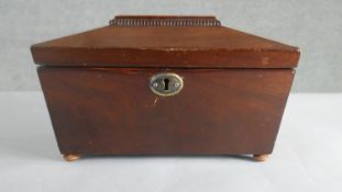 A Regency mahogany sarcophagus form tea caddy, with a gadrooned band to the lid, the interior with