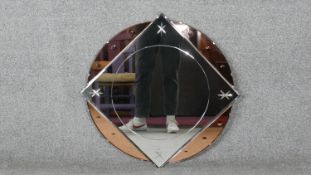 Wall mirror, Art Deco with etched peach glass. H.64 W.64cm
