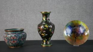 A collection of enamel ware, including a Chinese 20th century cloisonné enamel vase with floral