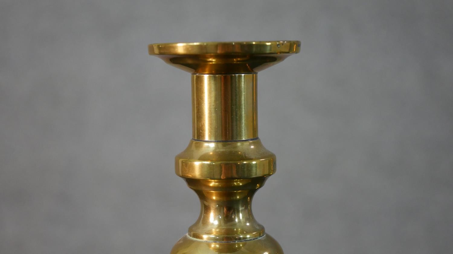 Two pairs of early 20th century brass candle sticks, one set with octagonal bases. H.27.5 W.11.5 D. - Image 4 of 7