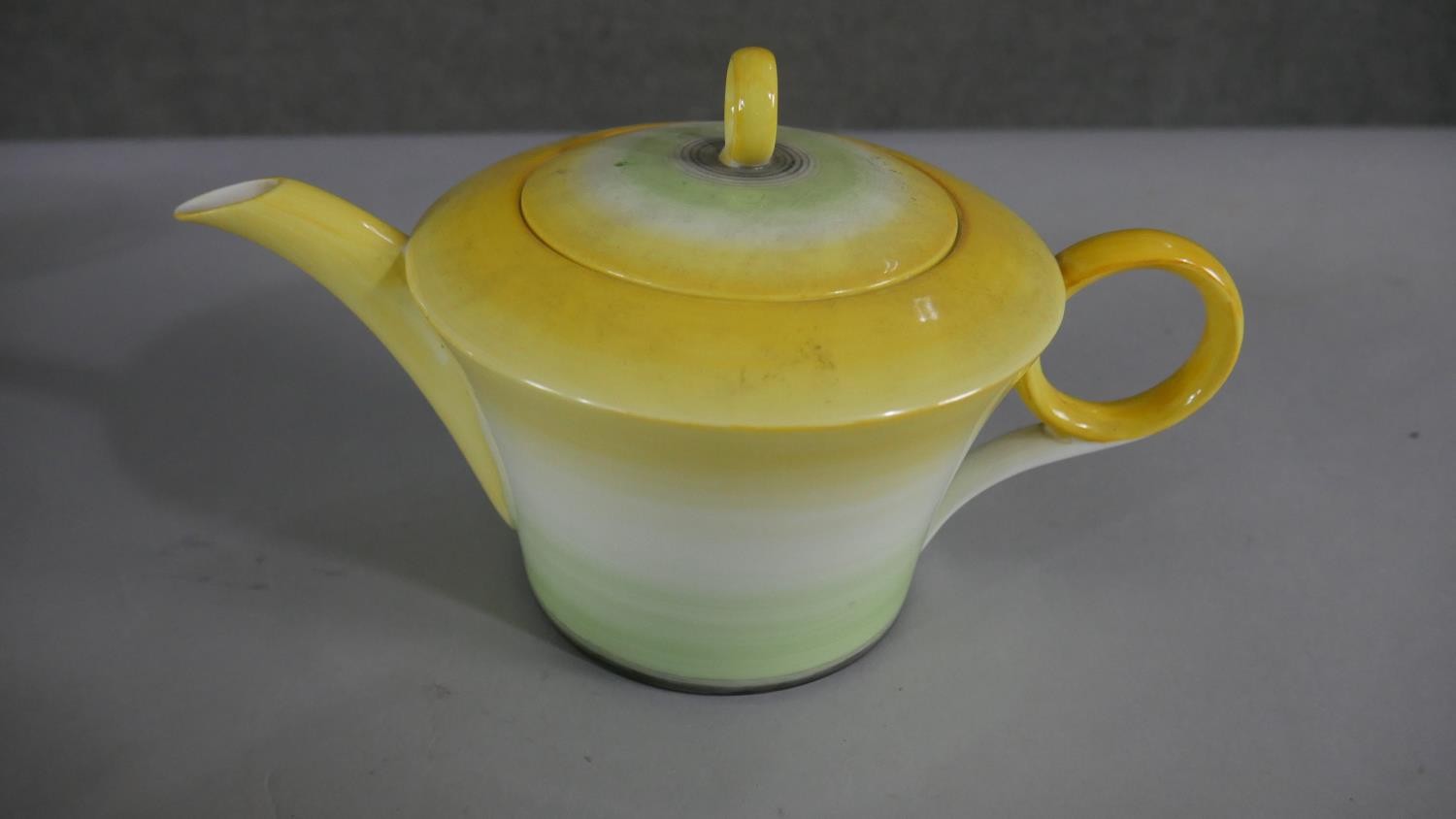 An Art Deco Shelly hand painted green and yellow porcelain tea set for six people. Makers mark to - Image 3 of 8
