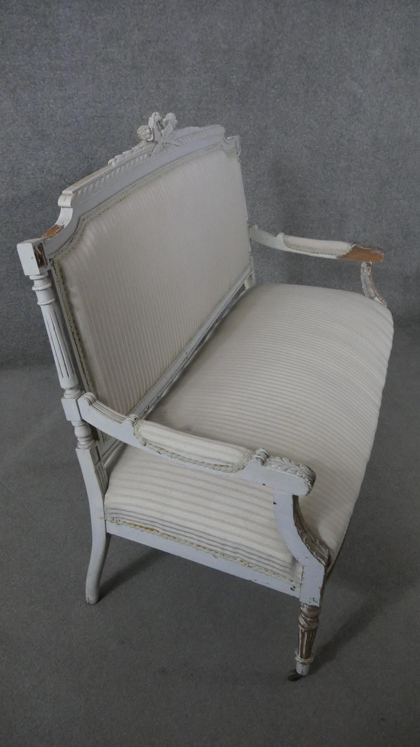 A French Louis XVI style canape sofa, the frame partially painted in light grey, the gadrooned - Image 2 of 5