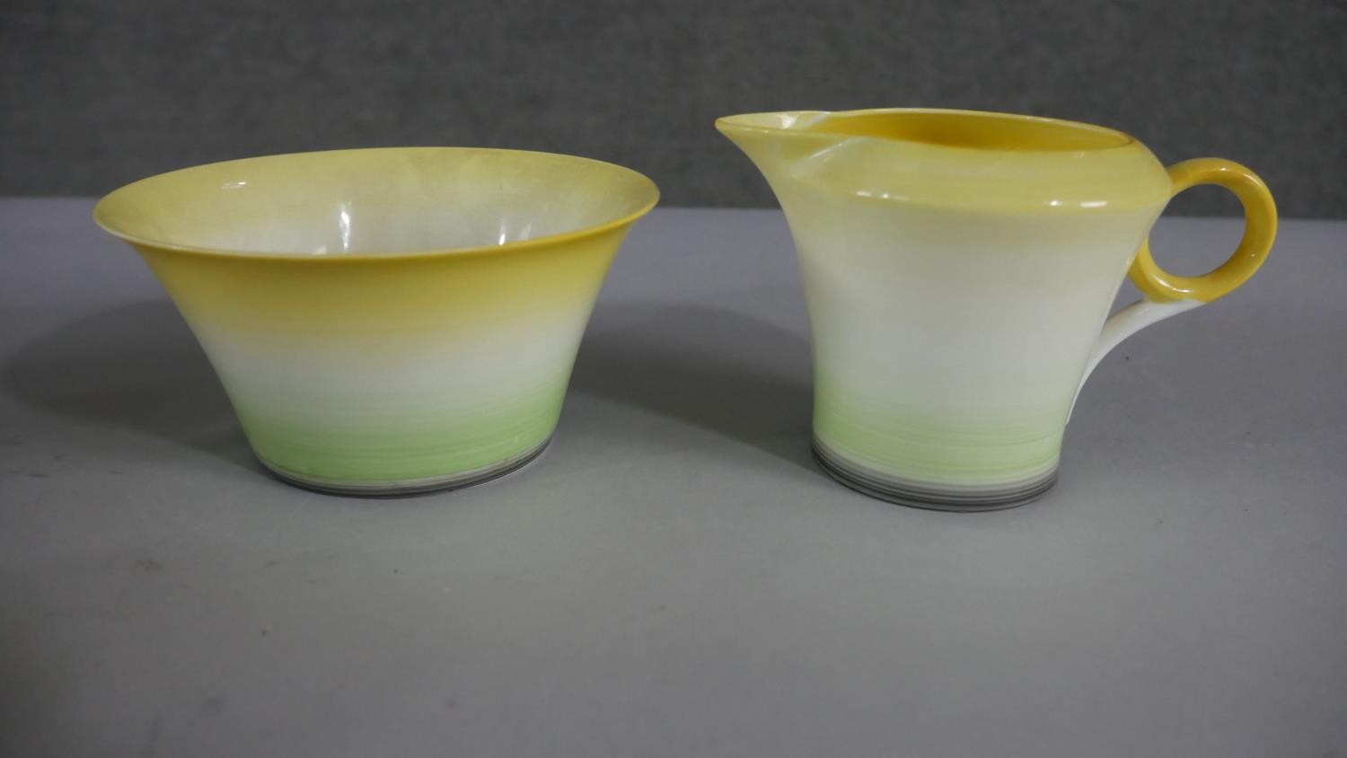 An Art Deco Shelly hand painted green and yellow porcelain tea set for six people. Makers mark to - Image 4 of 8
