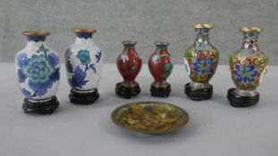 A collection of cloisonné enamel. Including three pairs of miniature enamel vases with floral