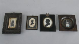 Three framed and glazed Victorian shadow portraits along with a framed and glazed miniature of a