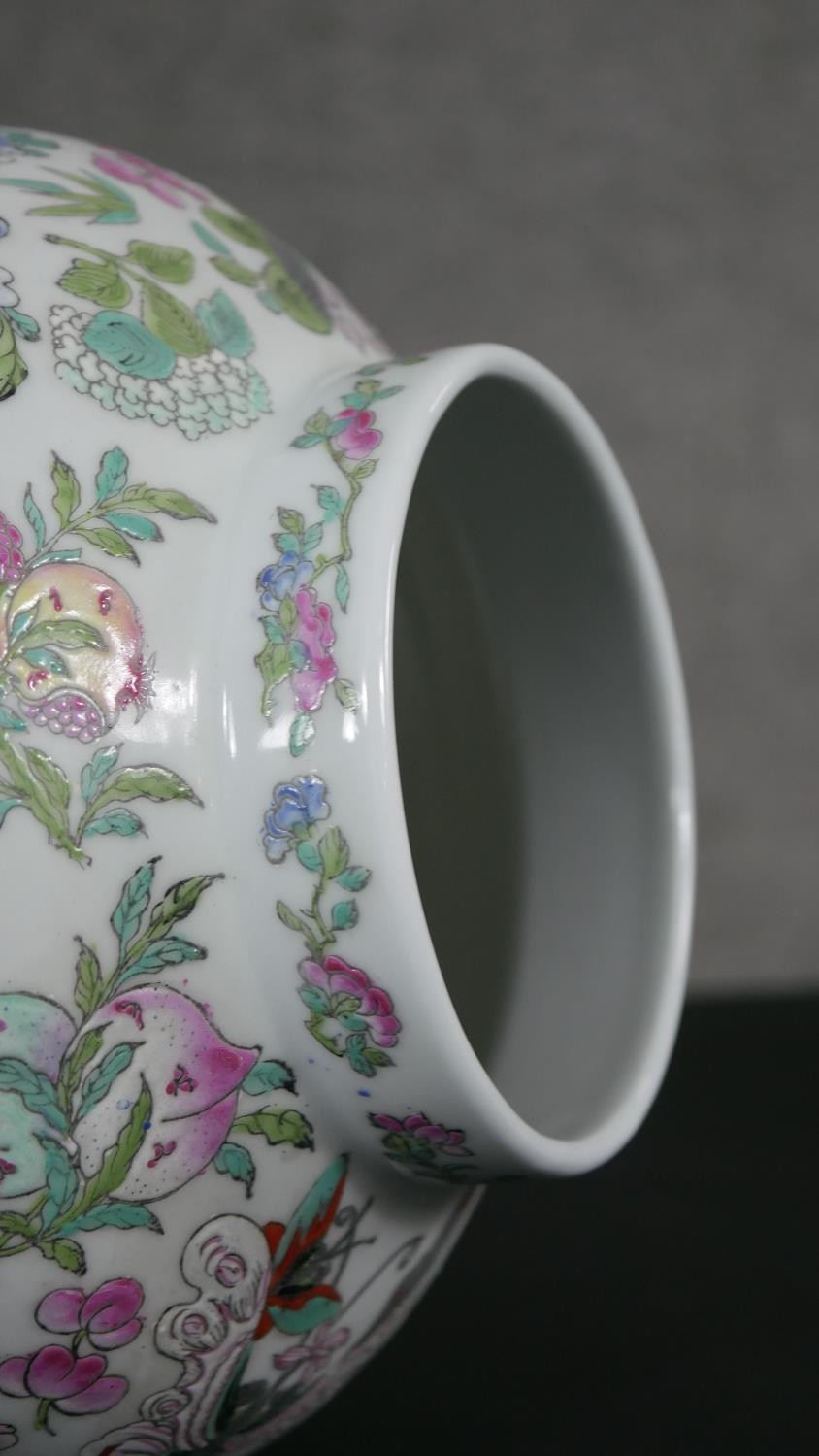 A large Chinese hand painted porcelain Famille Rose lidded jar, decorated with flowers, insects - Image 10 of 12