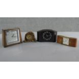 Four Art Deco clocks, including a tortoiseshell effect Bakelite clock, a John D Francis chrome and