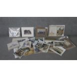 A large collection of antique postcards and photos, various subjects, including a set of black and