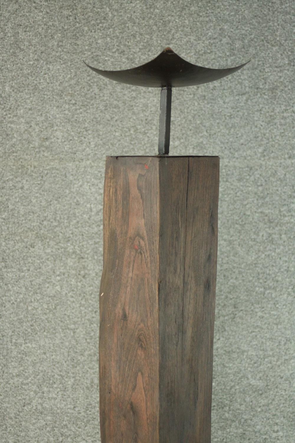 A pair of large Oriental style hardwood and wrought iron floor standing candlesticks on four prong - Image 2 of 9