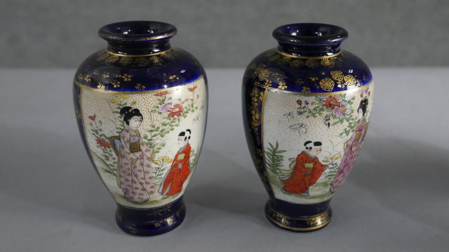 Five small Japanese hand painted Satsuma ware vases, decorated with geisha girls and character marks - Image 2 of 5