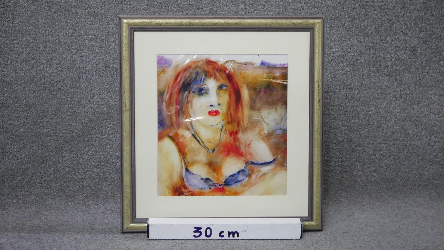 Inge Clayton (b.1942 - 2010), a framed and glazed oil on plastic of a woman, titled 'Irene', label - Image 3 of 9
