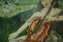 A framed and glazed watercolour of a Cellist. Unsigned. H.31 W.34cm.