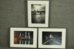 Three framed and glazed artistic photographs of London. Indistinctly signed. H.30 W.40 and H.40 W.