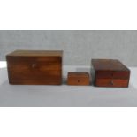 Three mahogany boxes, including a converted tea caddy, an offertory or safe box, and a flame