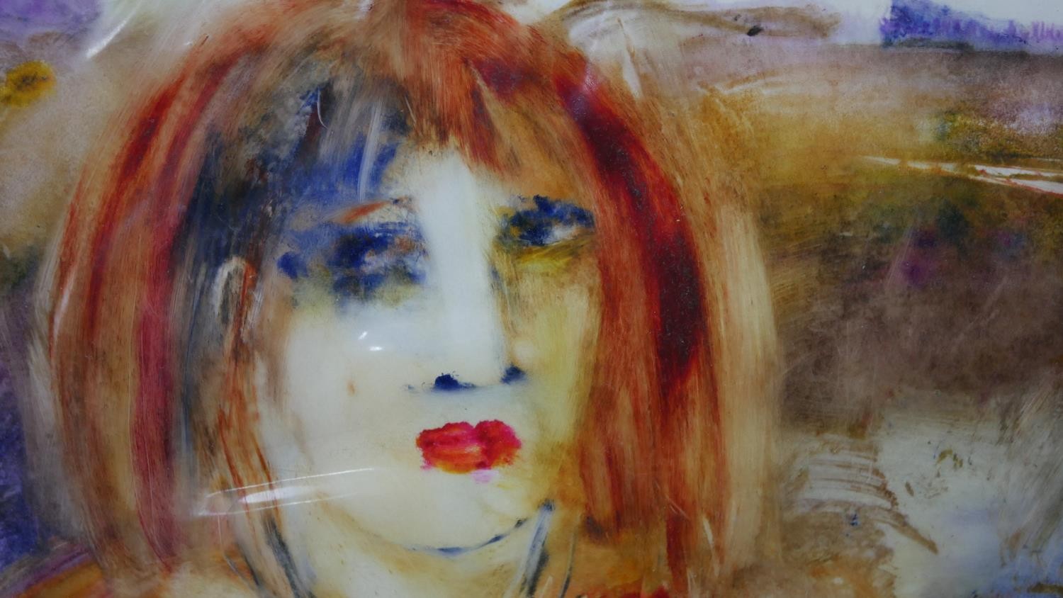 Inge Clayton (b.1942 - 2010), a framed and glazed oil on plastic of a woman, titled 'Irene', label - Image 4 of 9