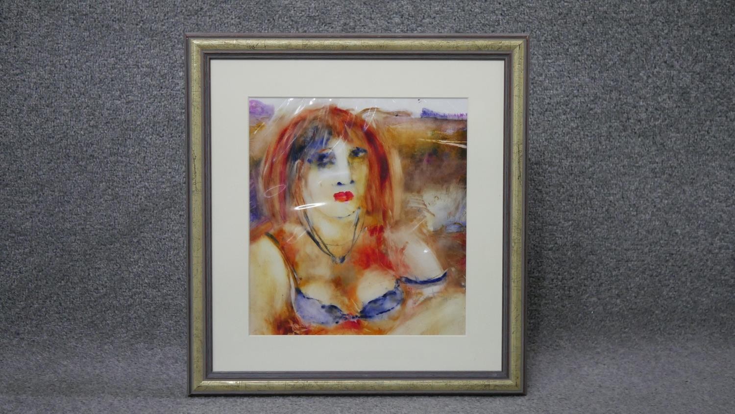 Inge Clayton (b.1942 - 2010), a framed and glazed oil on plastic of a woman, titled 'Irene', label - Image 2 of 9