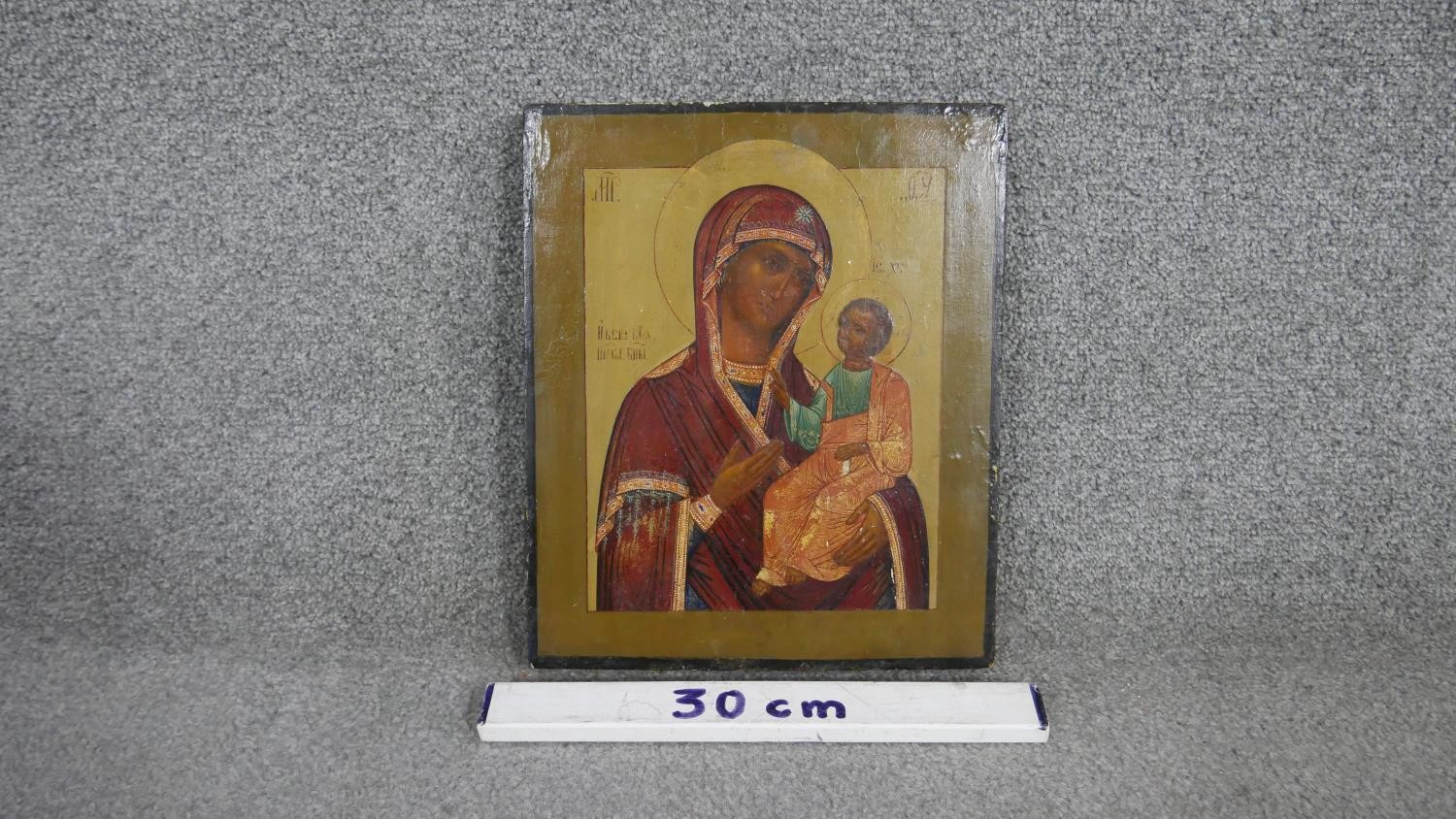 A 19th century hand painted Russian icon on panel, The Virgin Hodigitria. H.31.5 W.6 W.2.5cm - Image 2 of 5