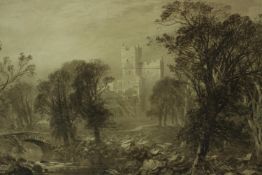 George Sheffield (b.1839 - 1892) a large framed sepia watercolour titled 'Haworth Castle', label