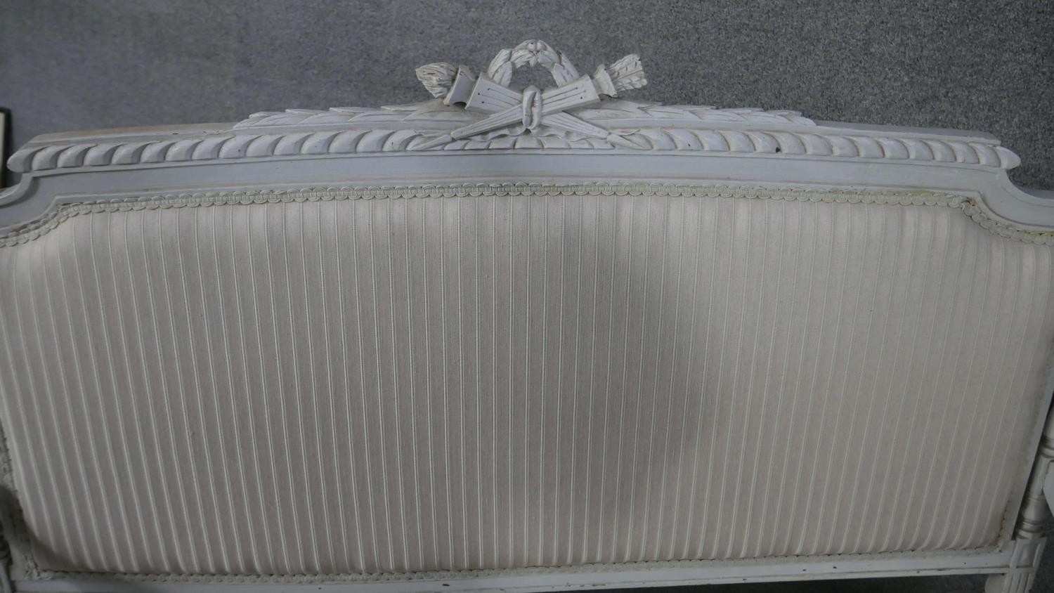 A French Louis XVI style canape sofa, the frame partially painted in light grey, the gadrooned - Image 3 of 5