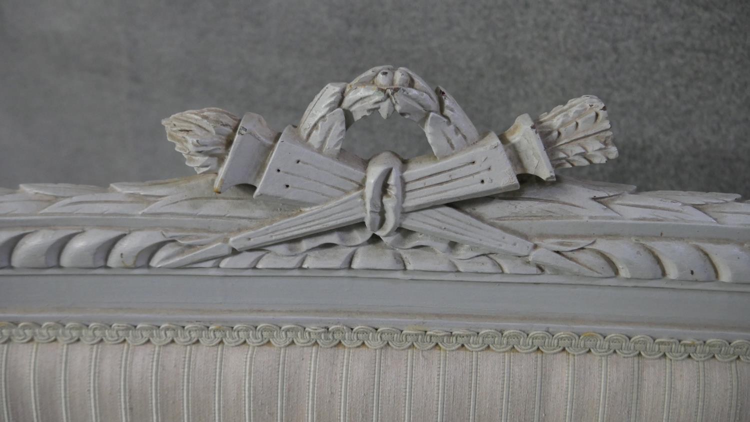 A French Louis XVI style canape sofa, the frame partially painted in light grey, the gadrooned - Image 5 of 5