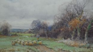 Henry John Sylvester Stannard (British 1870-1951), a shepherd and his flock, watercolour, signed