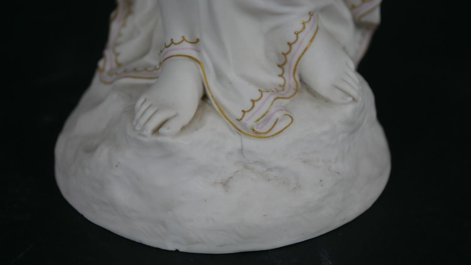 A Copeland Parian ware figure of a girl standing holding a flower to her breast, gilt border to - Image 5 of 12