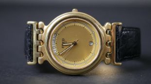 An 18 carat yellow gold ‘Tigresse’ watch, by Fred. Date and days of week aperture with leather
